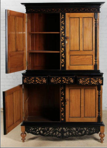 19th C. Dutch Colonial Ebony Cabinet with Three Drawers and Three Large Storage Areas. Excellent condition.