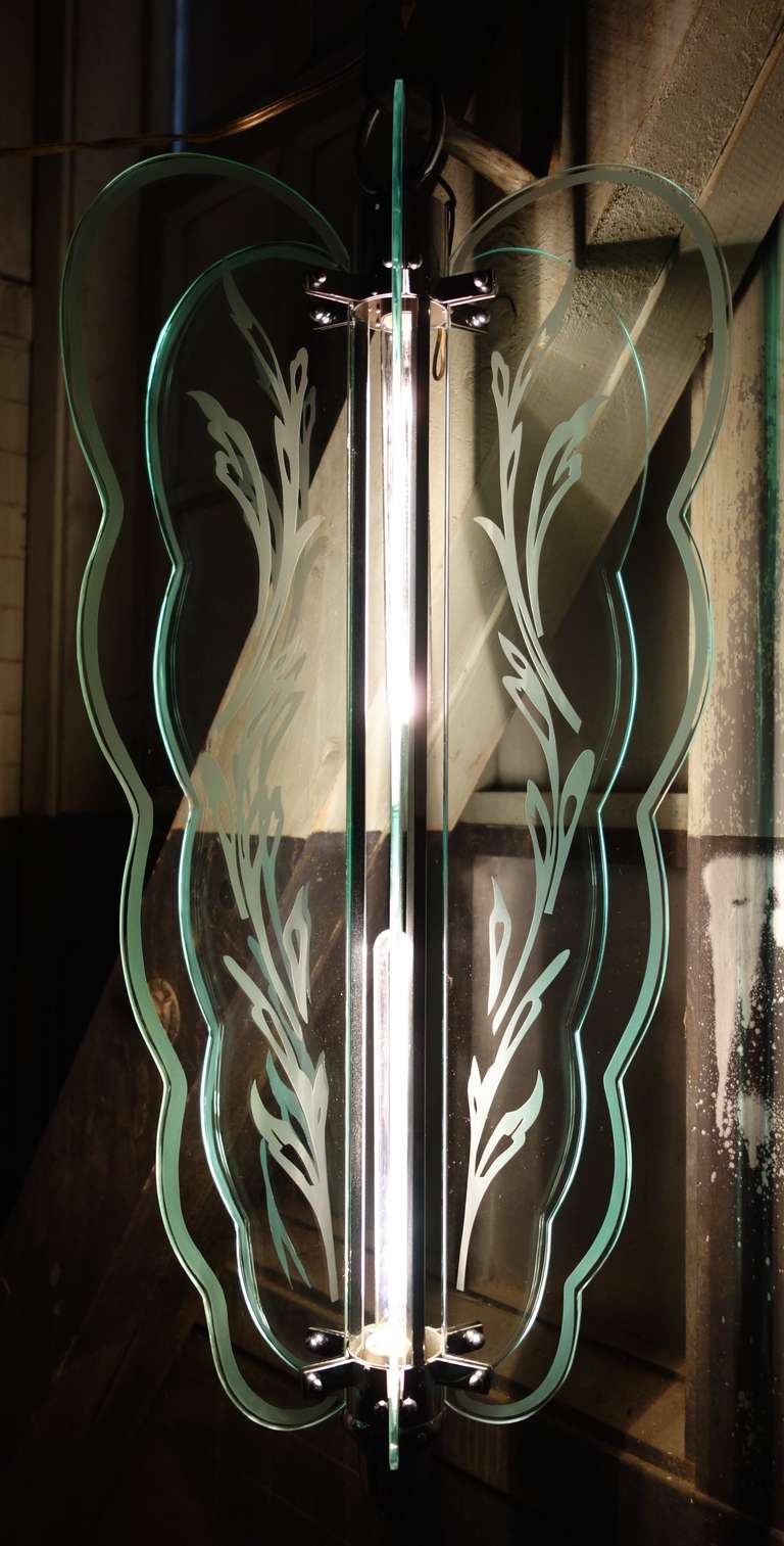 Mid-20th Century Etched Glass Butterfly Chandelier For Sale