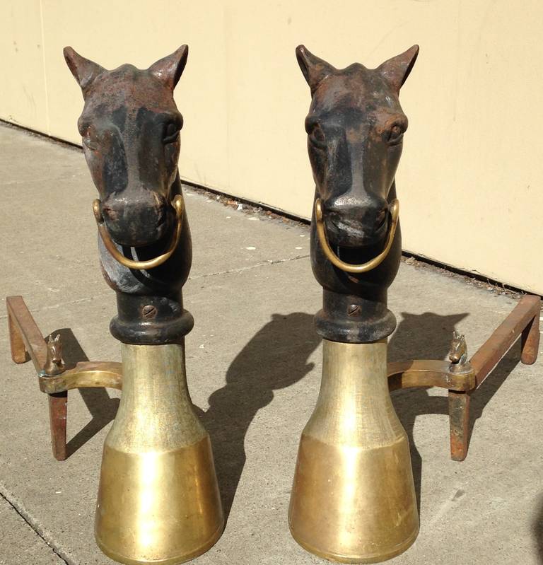 English Pair of Antique Equestrian Andirons, circa 19th Century For Sale