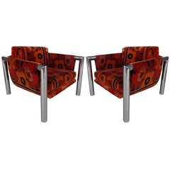 Pair Tubular Chrome Chairs / Jack Lenor Larsen Upholstery