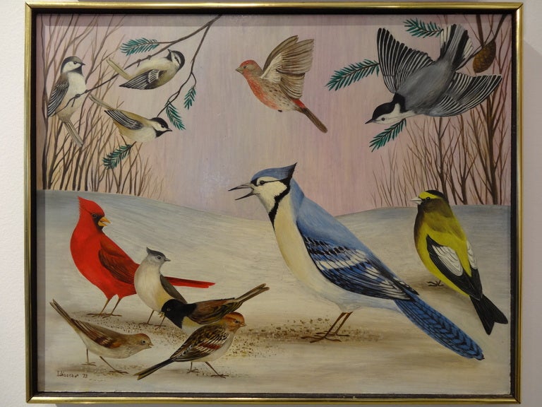 A beautiful and charming painting on board featuring a winter scene of birds.
Beautifully executed birds and just fantastic colors.
Just a beautiful painting to look at.