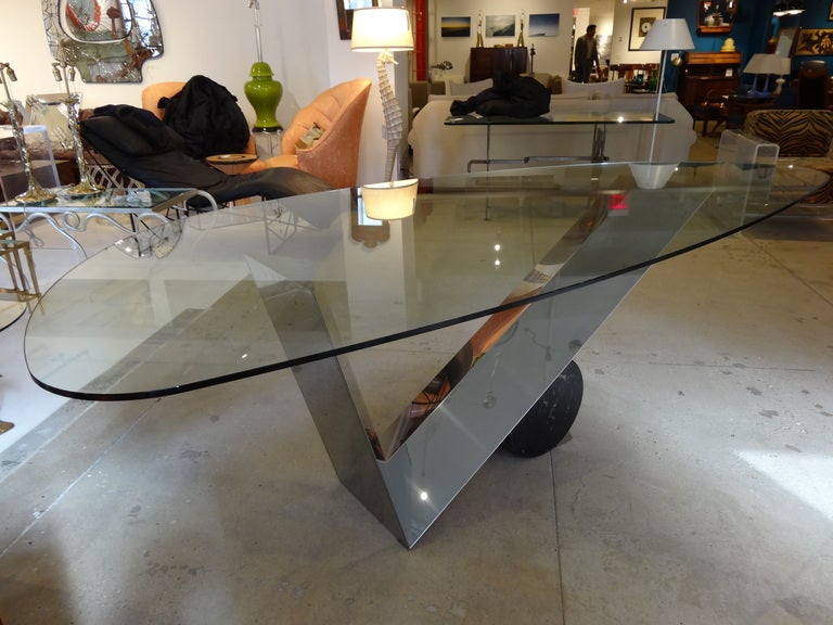 A beautifully modern table by Cattelan Italia.
Piece has the reat modern design common with Italian pieces from this period.
Great use of materials and shapes.
Great scale.
Currently has a dining table top but also useful as a console or desk .