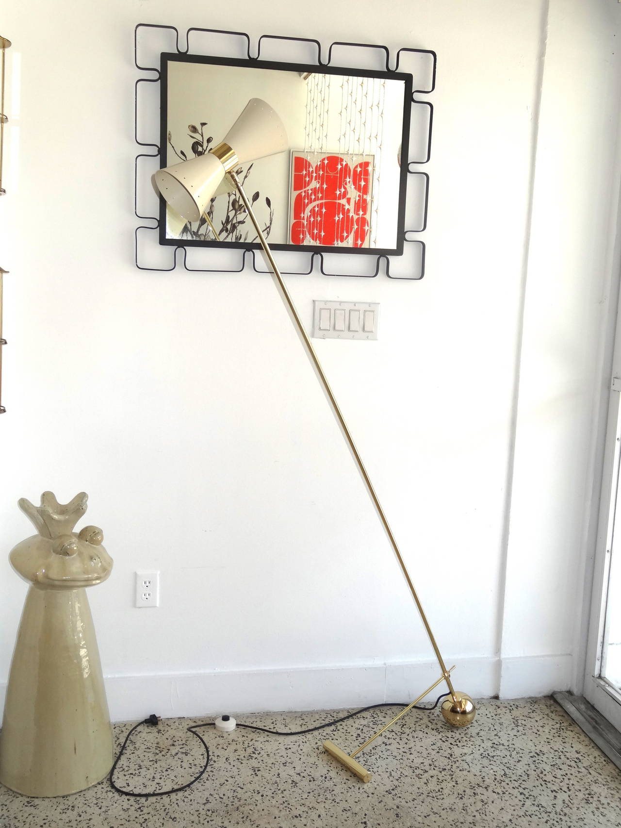 Italian Mid-Century brass floor lamp with beautiful white shade. Has been rewired and polished.