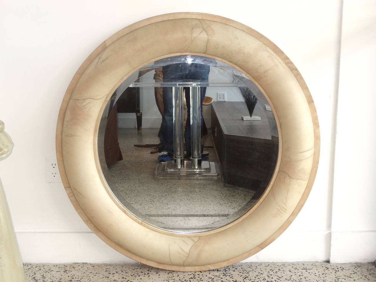 Goatskin mirror in style of Karl Springer. The finish on the mirror is matte.