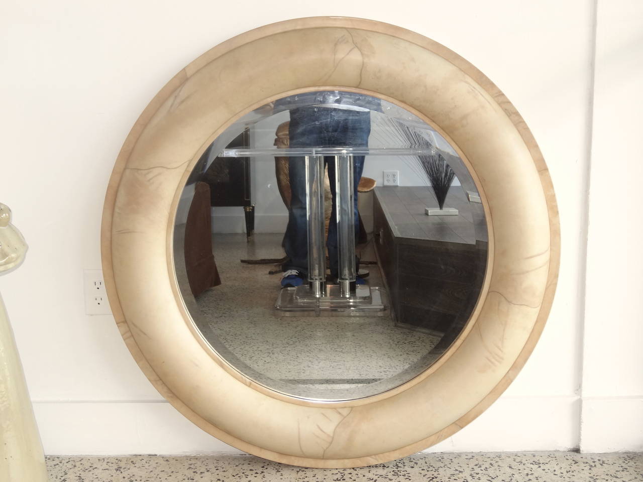 Modern Round Goatskin Mirror in a Style of Karl Springer