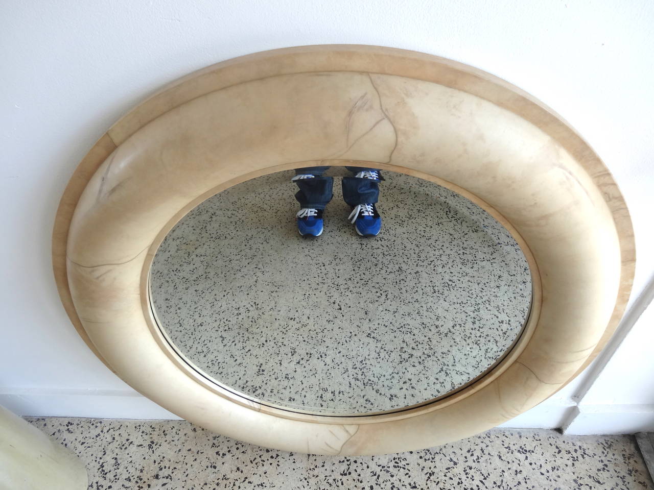 American Round Goatskin Mirror in a Style of Karl Springer