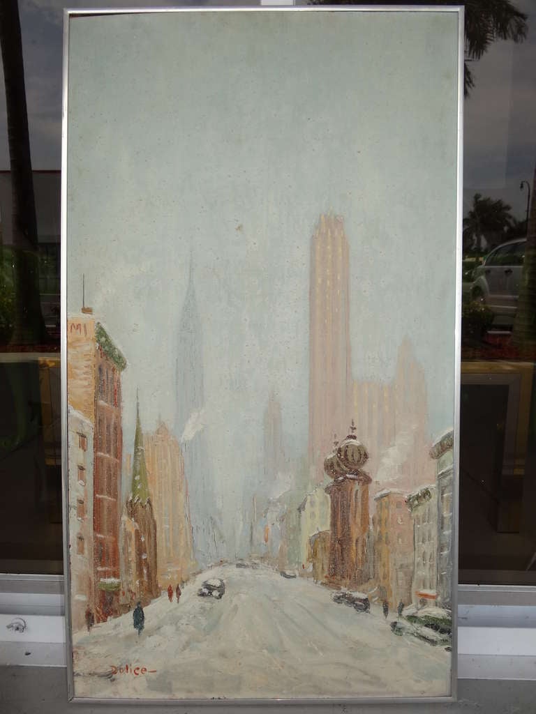 New York scenery painting by Leon Dolice . 
Leon Dolice (1892-1960) spent the last forty years of his life recording the landmarks, streets and people of New York City in etchings, pastels, linocuts and paintings.
More information you can find