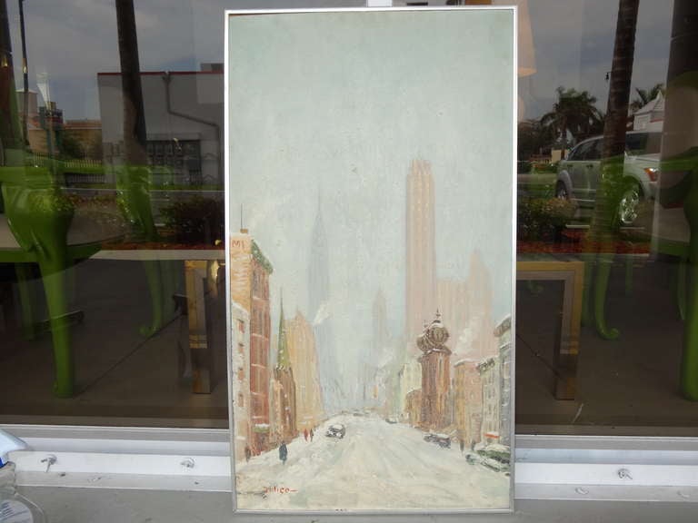 Mid-Century Modern New York Street Scene Painting by Leon Dolice.