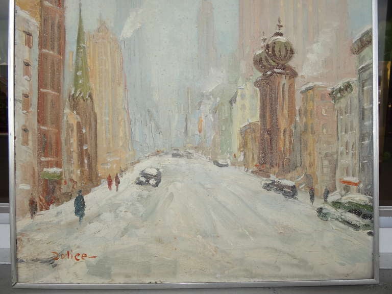 American New York Street Scene Painting by Leon Dolice.