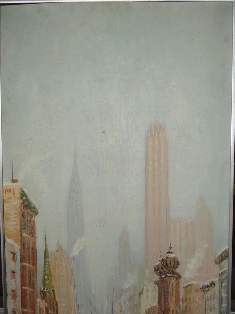 Mid-20th Century New York Street Scene Painting by Leon Dolice.