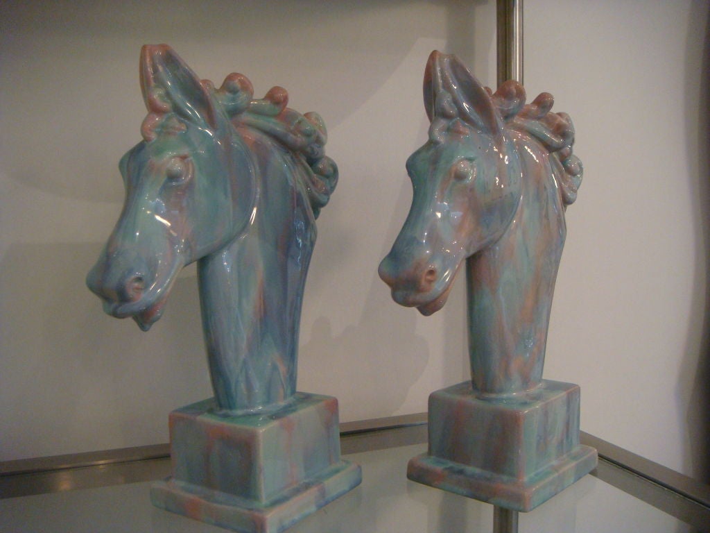 A great pair of glazed horse head vase by Royal Hickman for Royal Haeger. Great color as well as subject matter. Good scale><br />
Base is 4