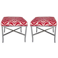 Pair Chrome Faux Bamboo Ottomans