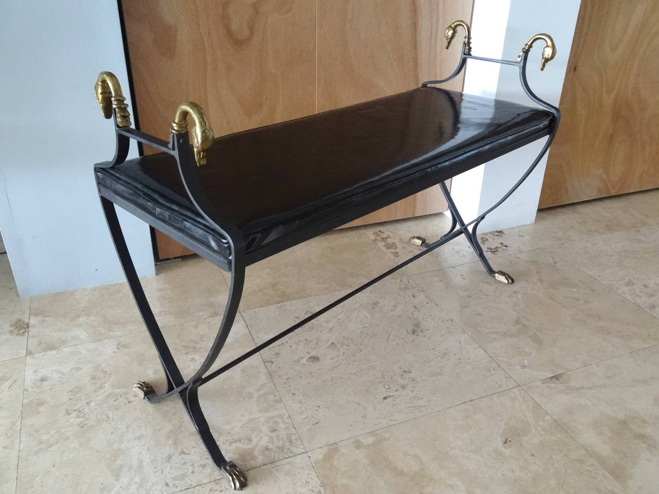 Neoclassical style bench with brass detail, circa 1950s. Patented leather uphostery (vintage).