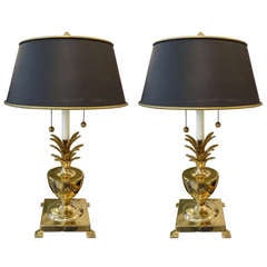 Pair Brass Lamps with Tole Shades