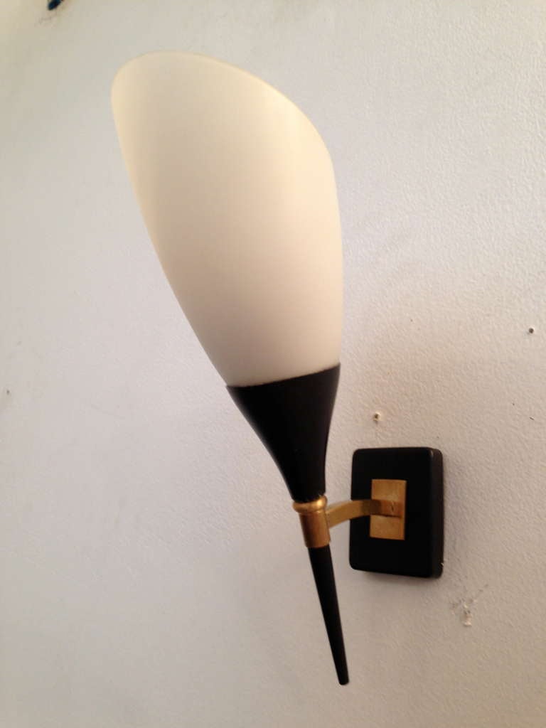 A nice pair of 1950s French sconces composed of a black enamel and polished brass fixture holding a frosted tulip glass shade. Rewired.