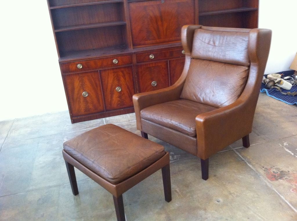 Danish Sixties Leather Wing Chair and Ottoman