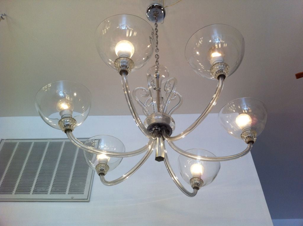 A blown Bohemian glass six-light chandelier done in the style of Carlo Scarpa.