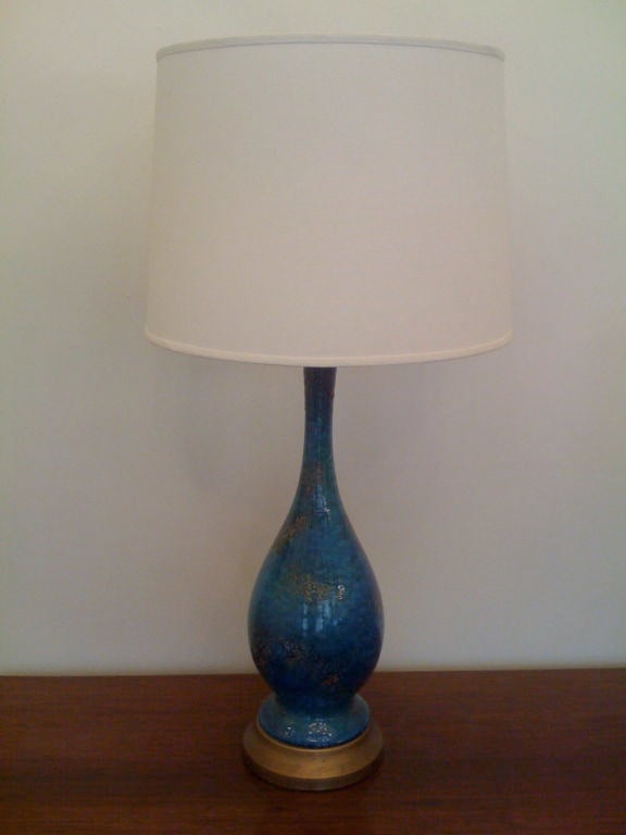 Ceramic Pair  of 50's  Peacock Blue Table Lamps