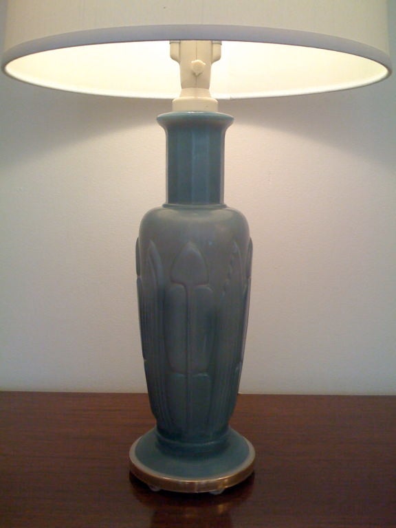 A pair of decorative 1940s jade green glass table lamps.