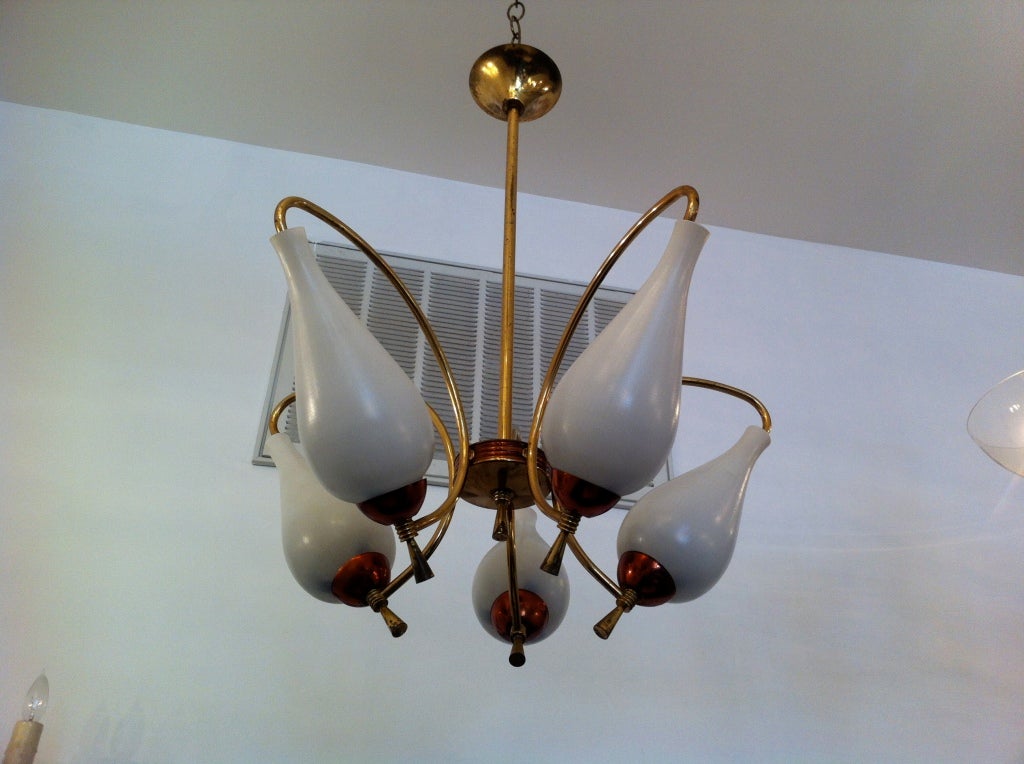 A nice 1950's brass pendant fixture with white opaline glass shades and copper decorative cups.