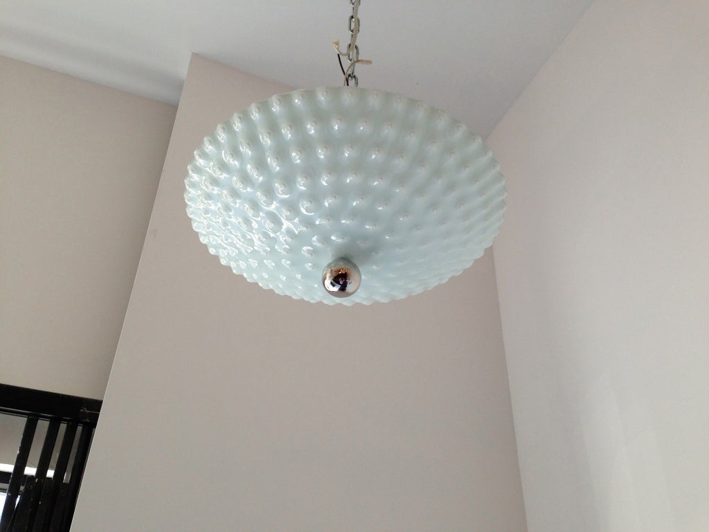 A nice depression glass flush ceiling light with a polished nickel fixture and ball finial. Four available.