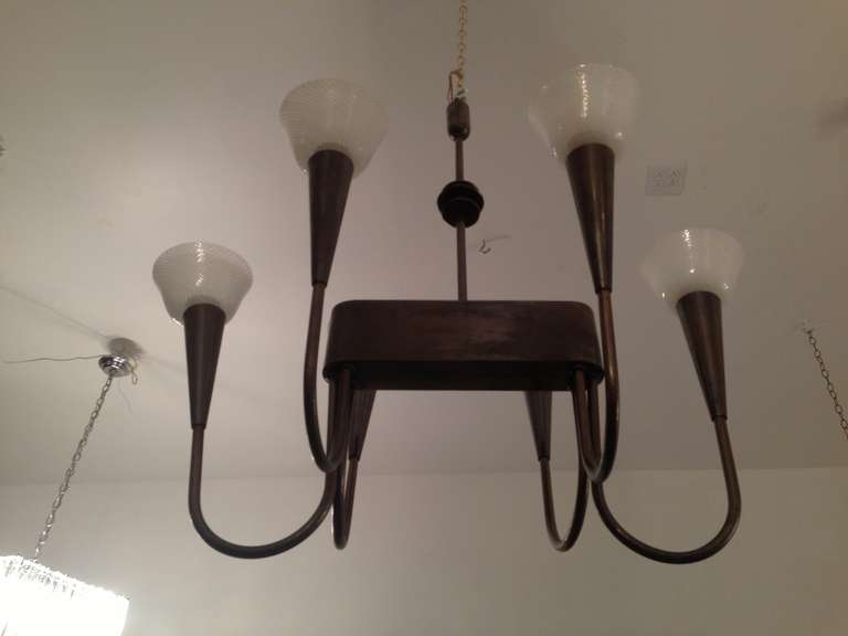 Italian Art Deco Bronze and Murano Chandelier In Excellent Condition For Sale In New York, NY