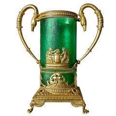 Magnificent Empire or Charles X Gilt Bronze and Emerald Green Glass Vase