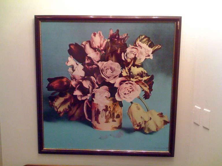 Francesco Scavullo, Roses and Tulips in Chinese Mug: screenprint in colours, 1987, on woven, signed and dated in pencil. Framed. Two others, one with a black background, the other in pink available.