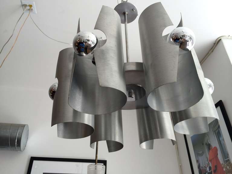 A French brush aluminum and polished chrome six-light flush or hanging pendant. Rewired.