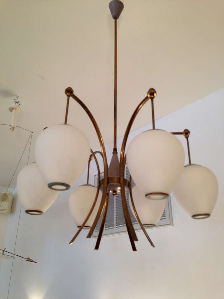 An all original Italian Mid-Century chandelier with a brass and brown/gray enamel fixture with six large white frosted glass globes with brass ringed ends. Rewired.