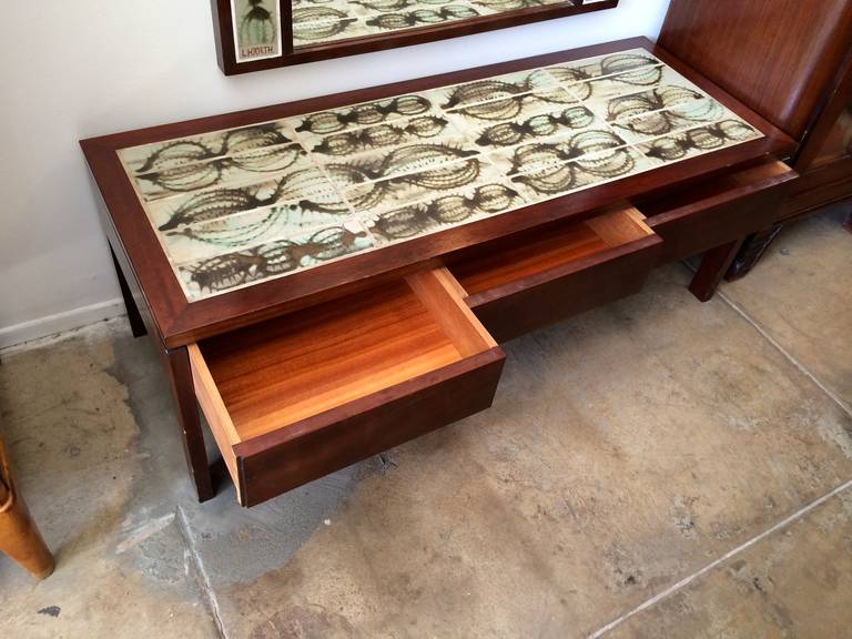 Rosewood Poul Jensen and L. Hjorth Low Table and Tiled Mirror For Sale