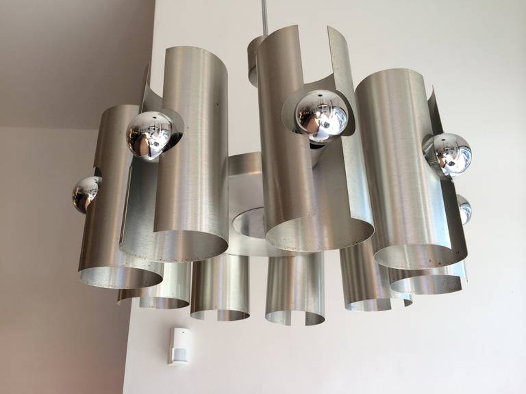 French 1960s Nine-Light Chandelier in Brushed Silver Finish In Good Condition For Sale In New York, NY