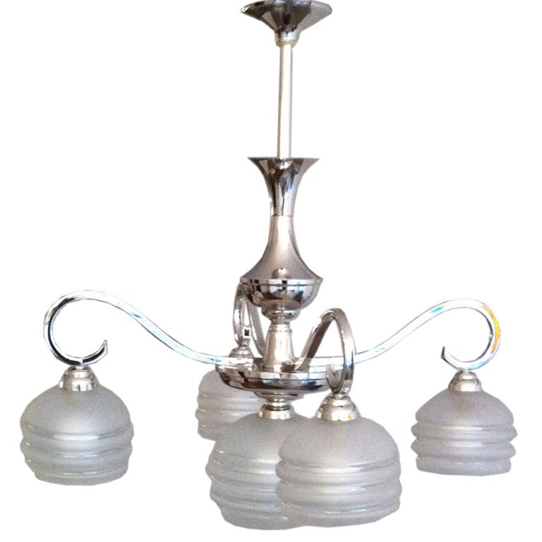 French Moderne Nickel Chandelier For Sale