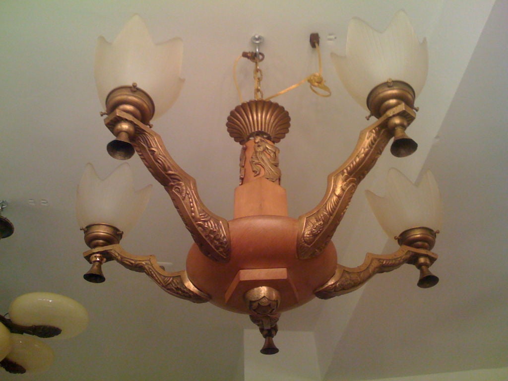 A five arm bronze, pecan, brass classical chandelier with frosted tulip  shades and highly decorative figurative elements on the neck.