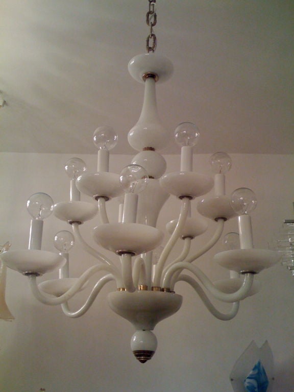 Mid-Century Modern French 1960s White Opaline Glass Chandelier