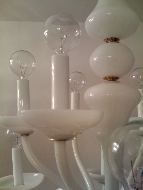 Brass French 1960s White Opaline Glass Chandelier