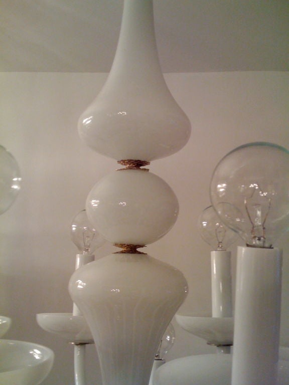 French 1960s White Opaline Glass Chandelier 1