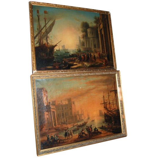 Near Pair of Italian Scenic Oil Paintings with Giltwood Frames