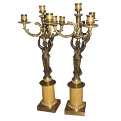 Pair 19th c. Bronze Winged Victory Candlesticks