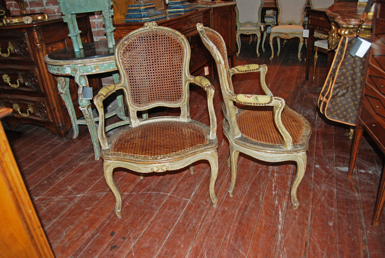 French Pair 18th Century Louis XV Painted Armchairs For Sale