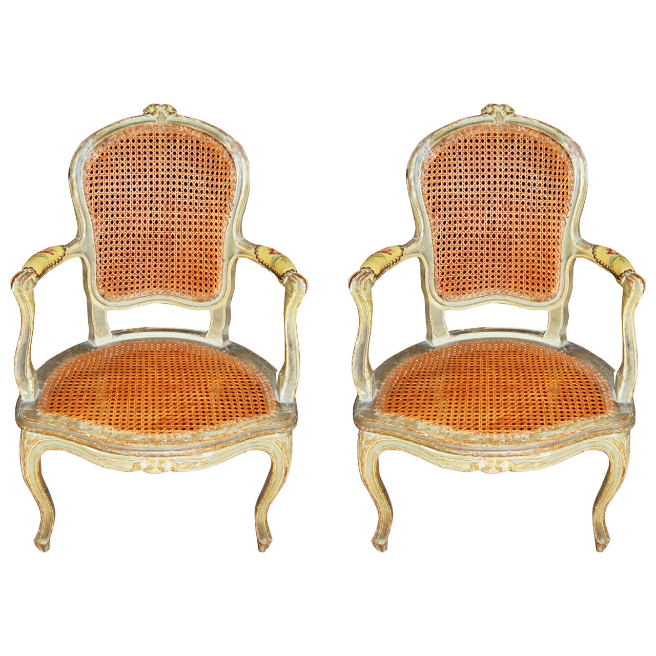 Pair 18th Century Louis XV Painted Armchairs For Sale