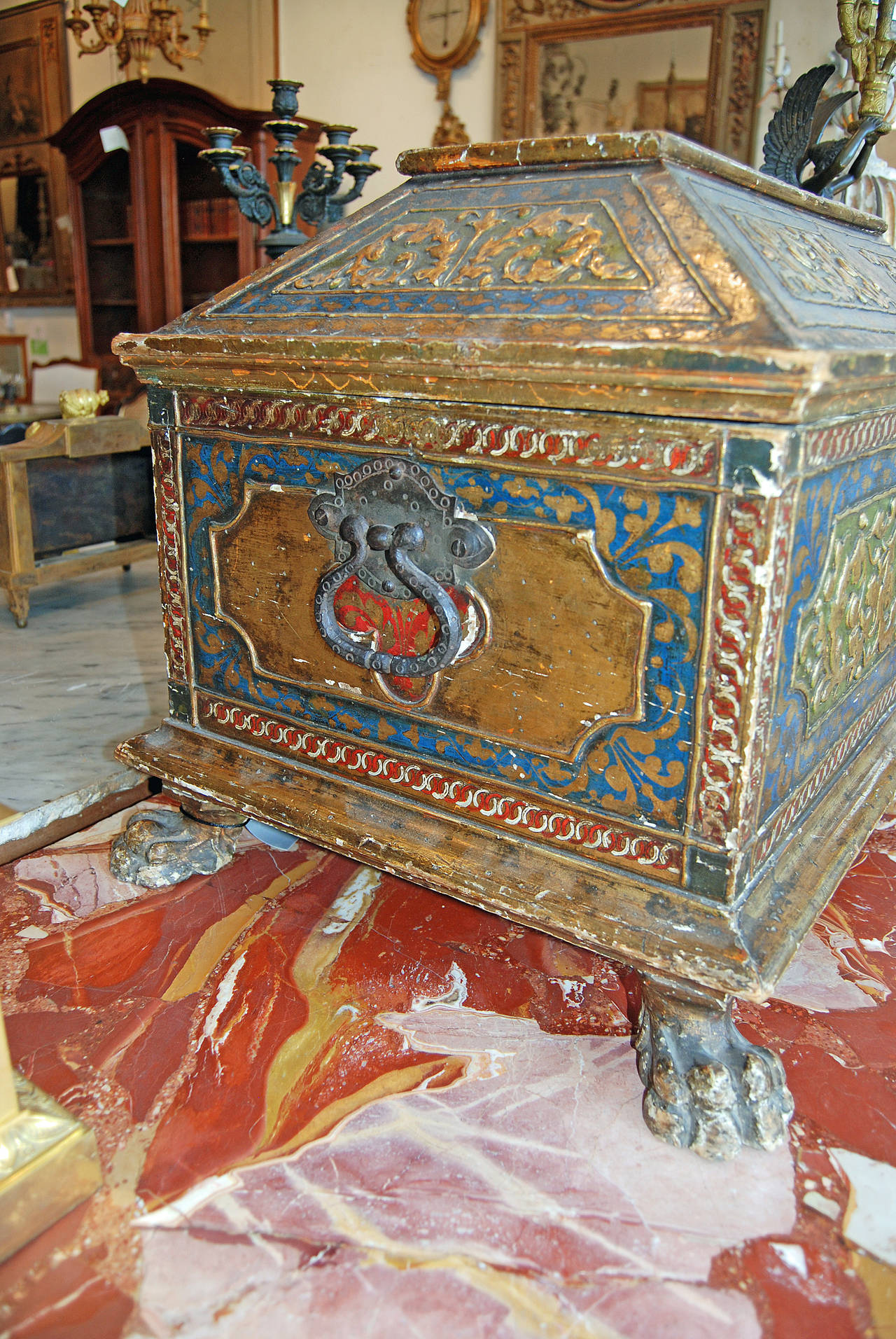 Beautifully carved and painted Italian cassone.