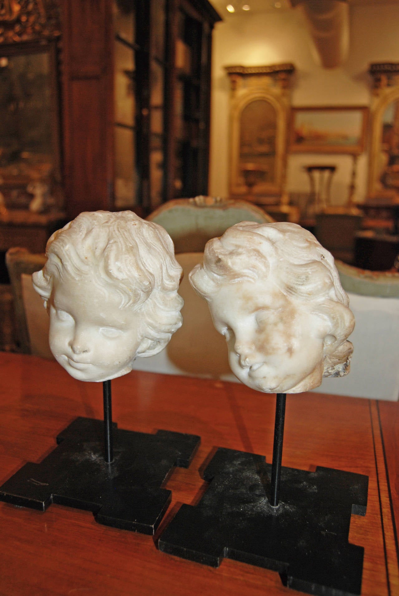 French Pair 18thc Marble Putti Busts
