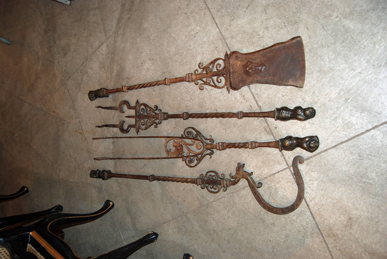 Set of Four Highly Decorative Hand Wrought Iron Fire Place Tools