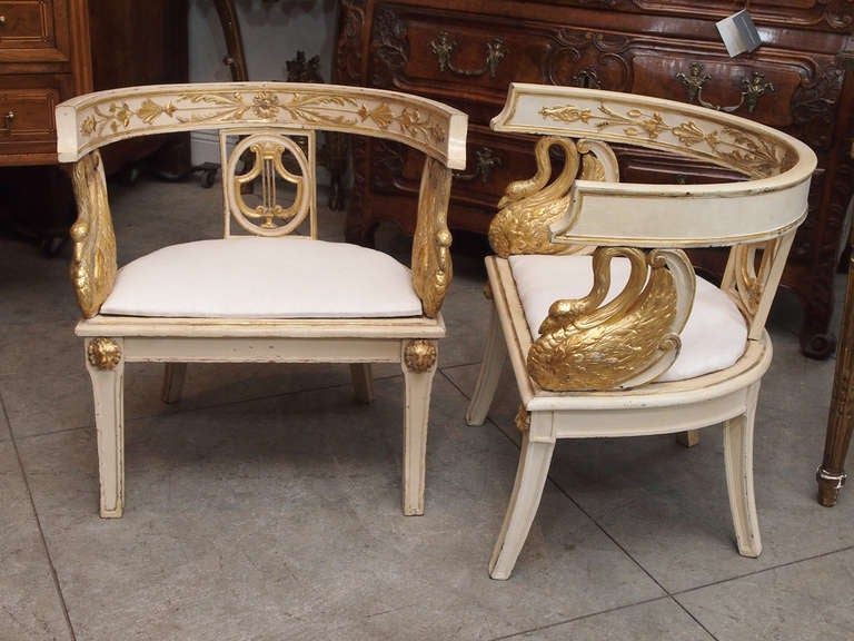 Period Napoleon I Painted Pair of  Carved  and Gilded Armchairs