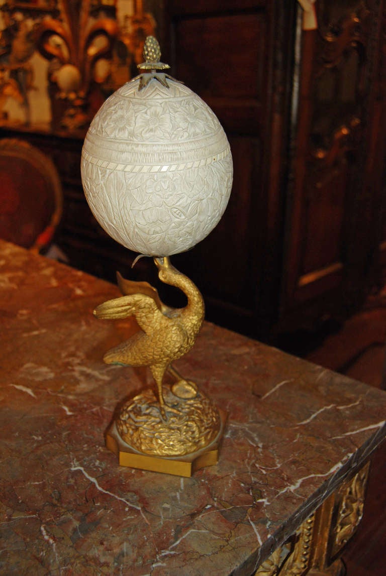 Carved ostrich Egg on Bronze Dore Base