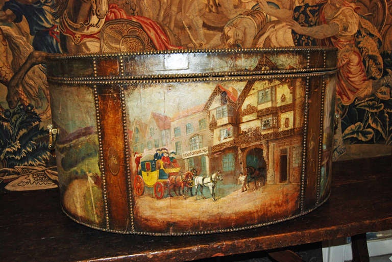 Old English Trunk Embellished with Beautiful Scenes painted on Linen