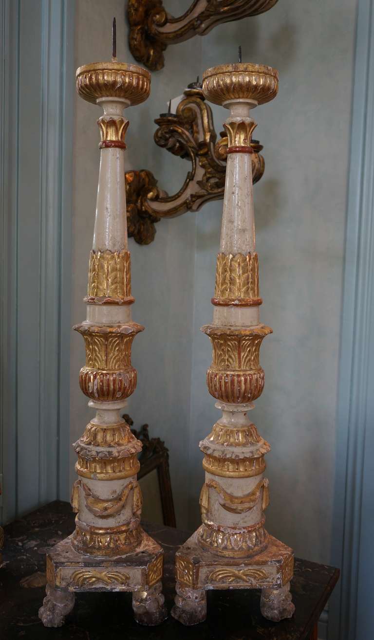 Exquisite pair of 17th century Italian giltwood altar candlesticks from Torino.