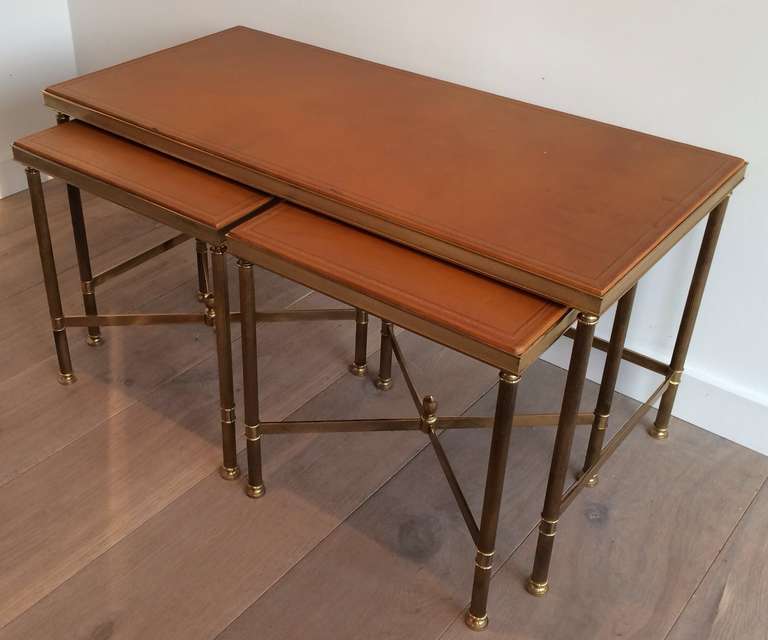 French 1940s Nesting Cocktail Tables with Original Leather Top For Sale