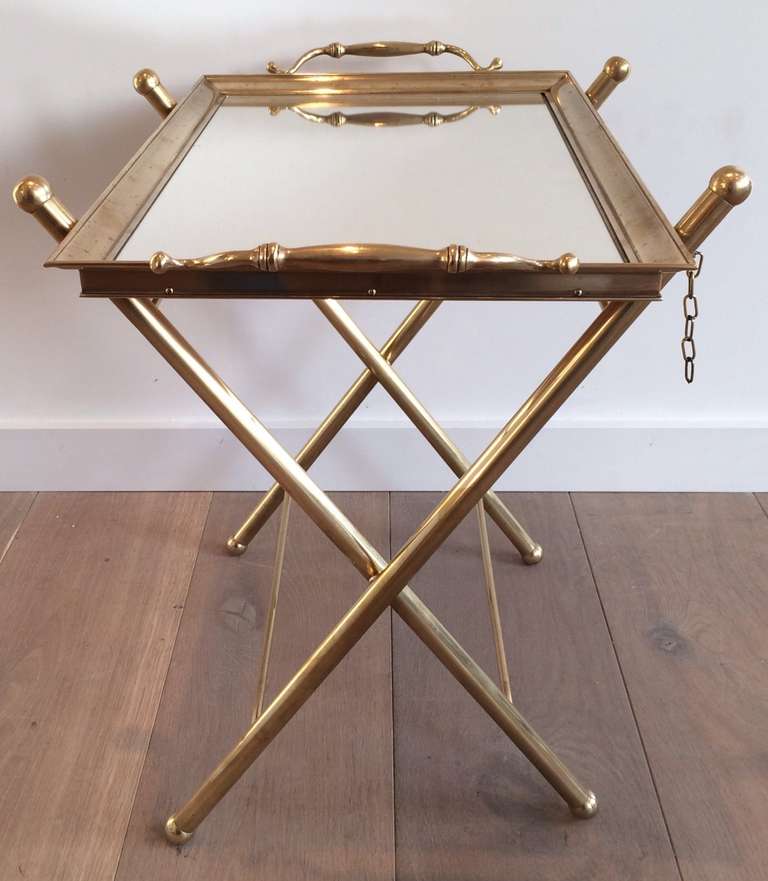 French 1950s Mirrored Brass Tray on Folding Stand
